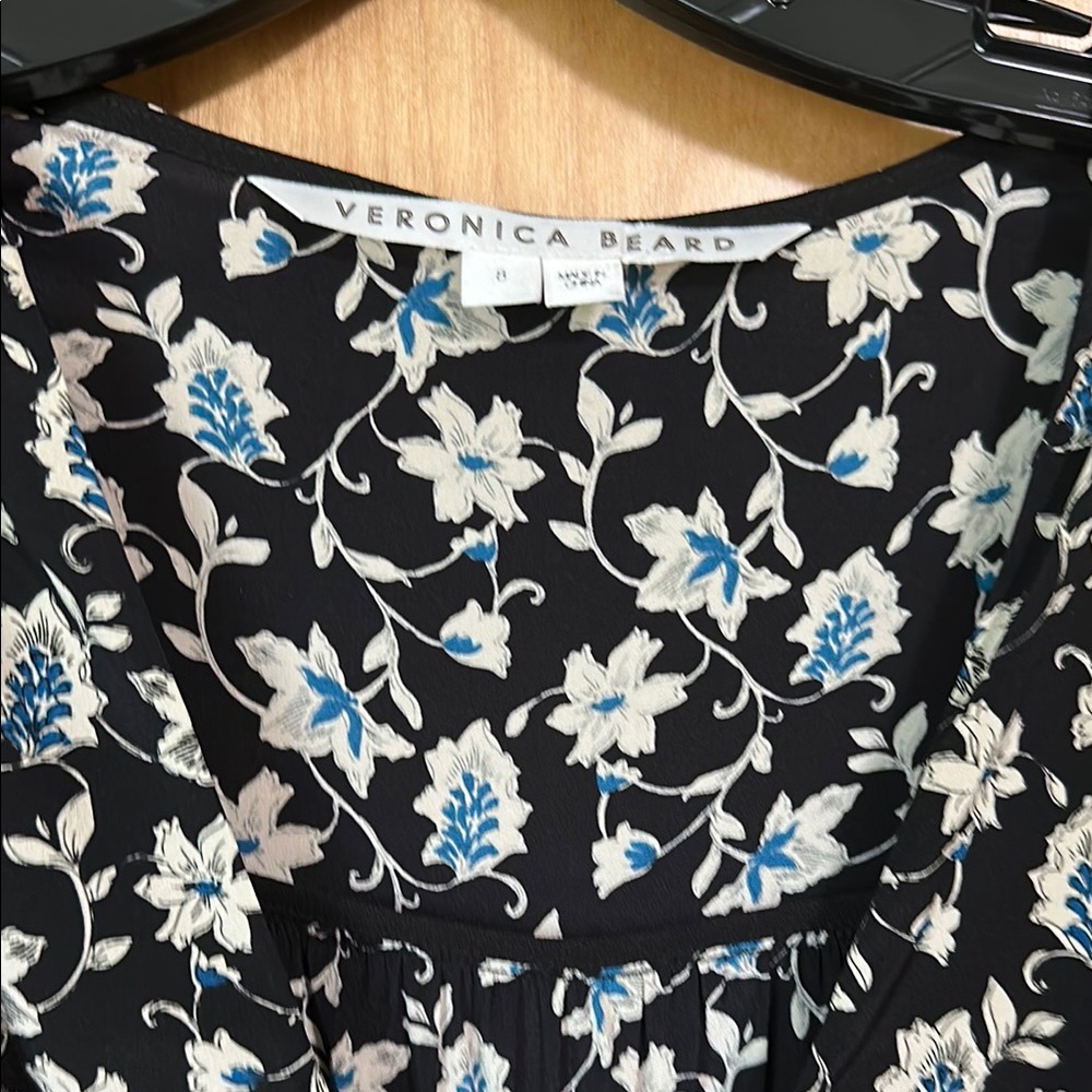 Veronica Beard Black Mini Dress with White and Blue Floral Pattern
